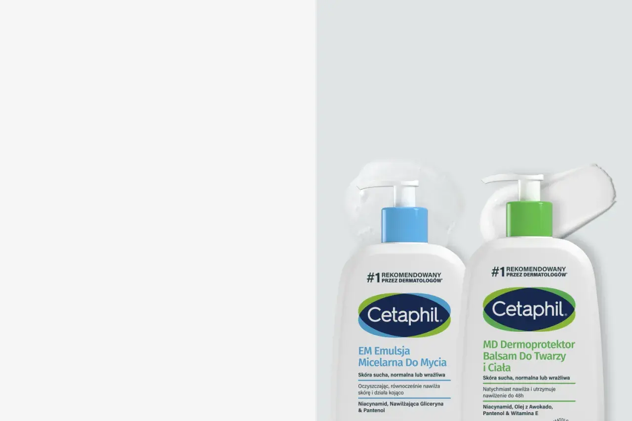 Dwa produkty Cetaphil: emulsja micelarna i balsam do twarzy i ciała, rekomendowane przez dermatologów.