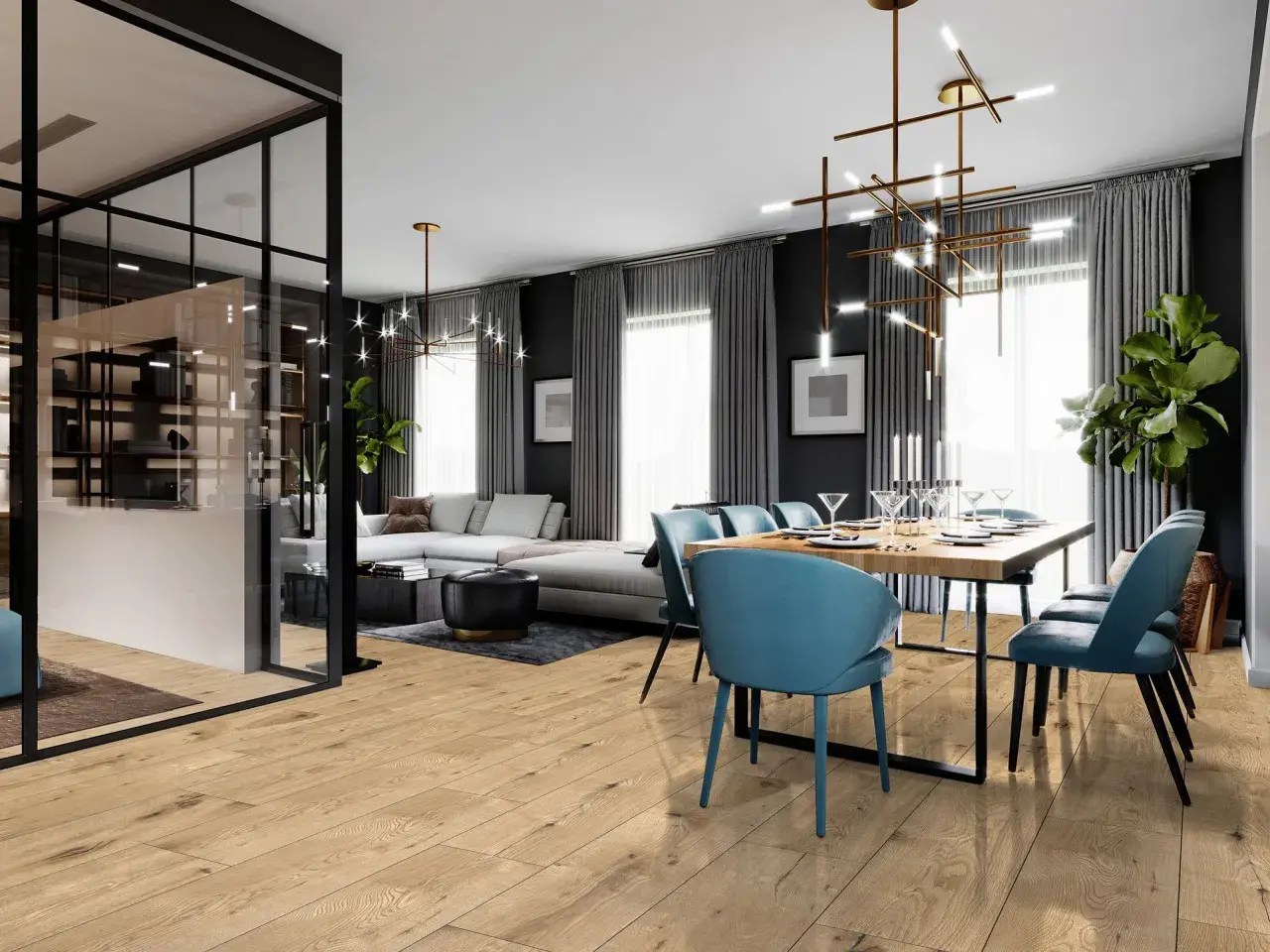 Nowoczesny salon z jadalnią, gdzie drewniana podłoga kronostep tworzy ciepłą bazę dla błękitnych krzeseł i eleganckiej jadalni.