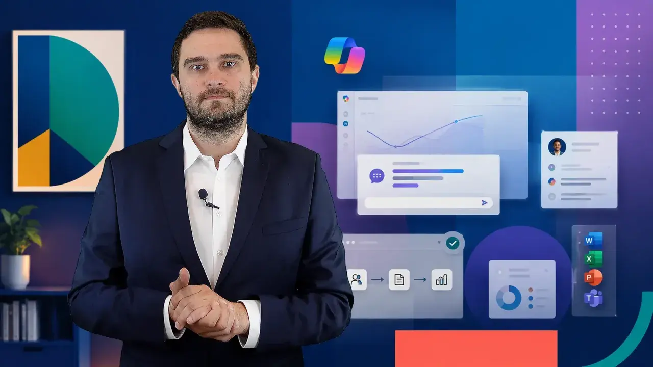Mężczyzna w garniturze prezentuje możliwości Copilot Studio, pokazując interfejsy z wykresami i przepływami pracy.