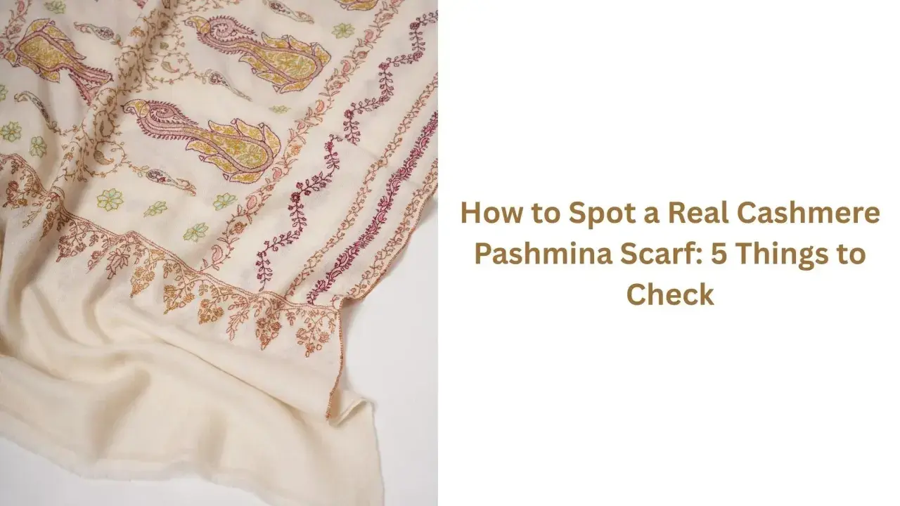 Pashmina co to? Kremowy szal z haftem paisley i kwiatów. Dowiedz się, jak rozpoznać prawdziwą pashminę.