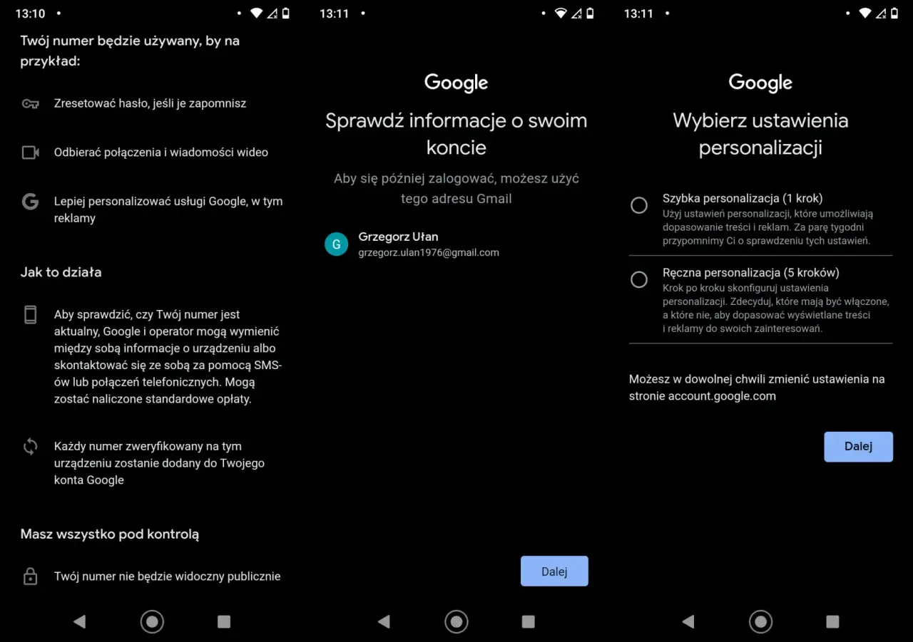 Ekran konfiguracji konta Google. Wybierz, jak założyć konto Google i spersonalizować ustawienia.