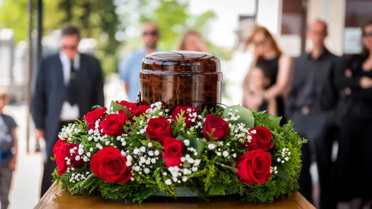 Czerwone róże i gipsówka otaczają urnę. Takie kwiaty na pogrzebie starszej osoby symbolizują miłość i pamięć.