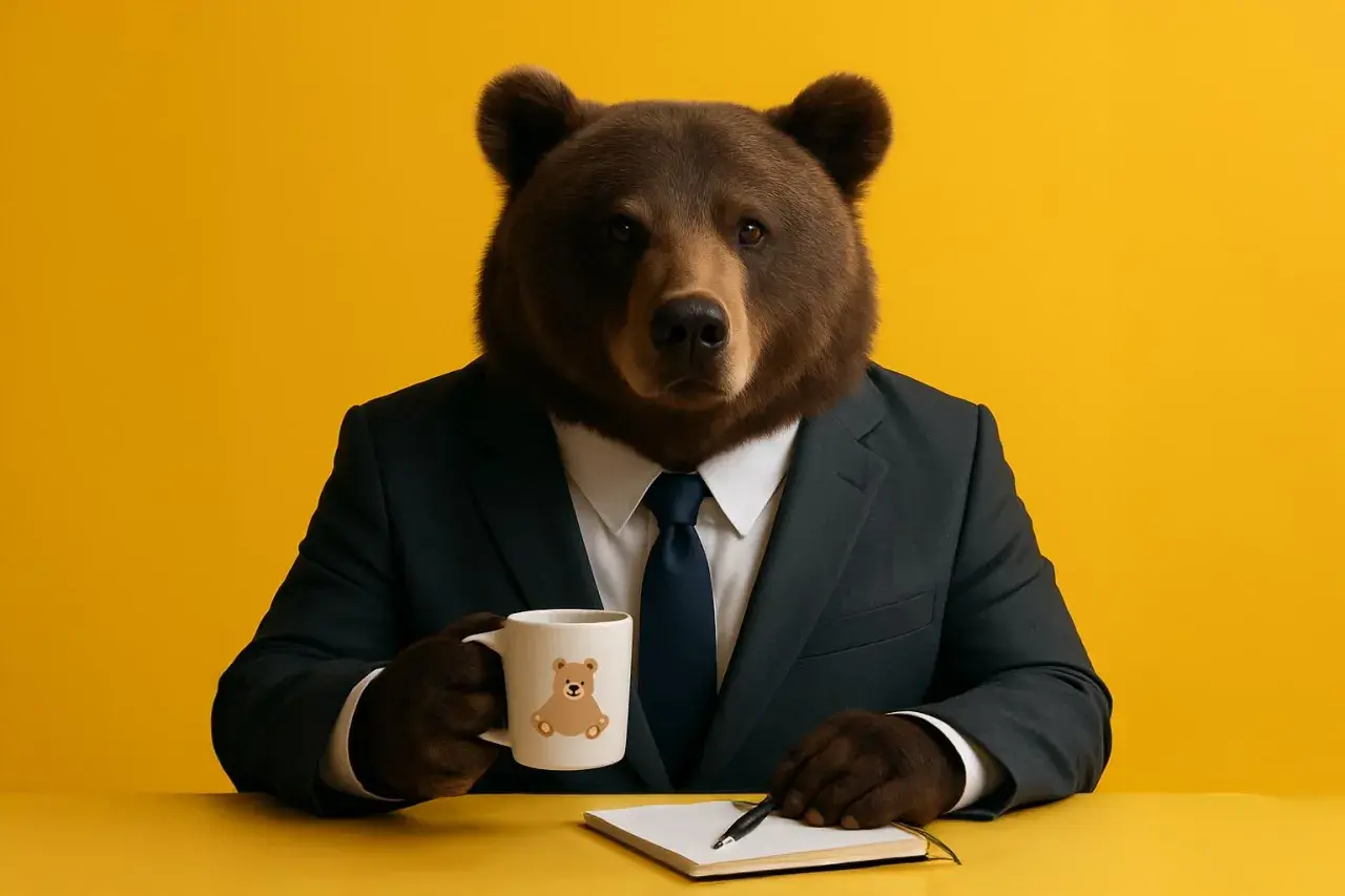 En björn i kostym sitter vid ett gult bord med en mugg och en anteckningsbok. Han funderar på hur lång ska en inledning vara.