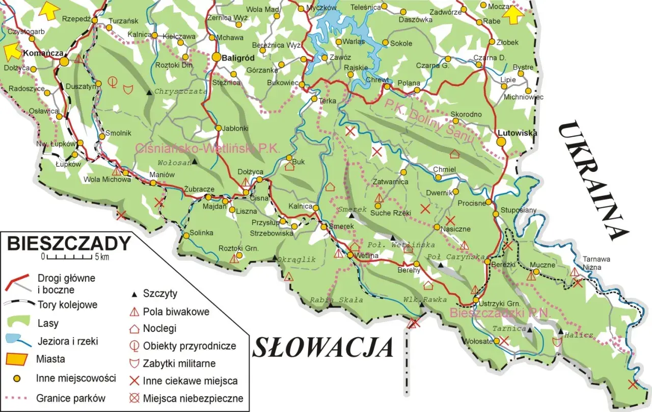 Mapa Bieszczad z zaznaczonymi drogami, lasami, jeziorami, rzekami, miastami i innymi punktami.