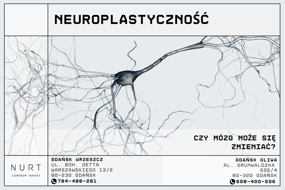 Grafika przedstawia neuron, sugerując, czy mózg to mięsień, który można kształtować. Informacje o centrum terapii.