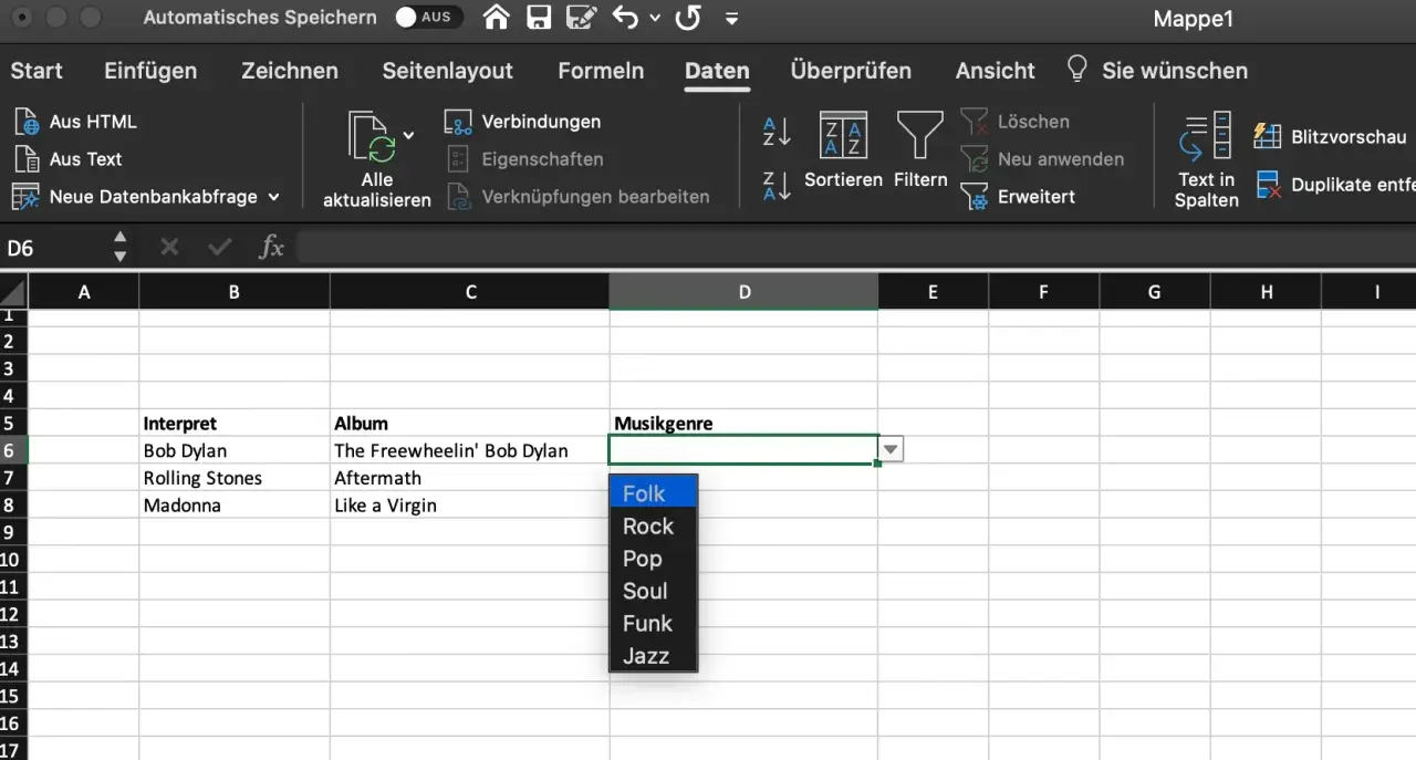 Excel-Dropdown erstellen: Musikgenre-Auswahl mit Optionen wie Folk, Rock, Pop, Soul, Funk, Jazz.