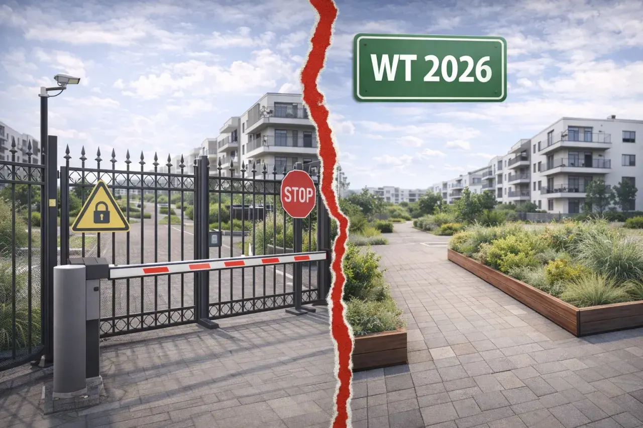 Dlaczego deweloperzy stawiają bloki tak blisko siebie? Czy to zgodne z WT2026? Obraz przedstawia zamknięte osiedle i nowoczesne budynki.
