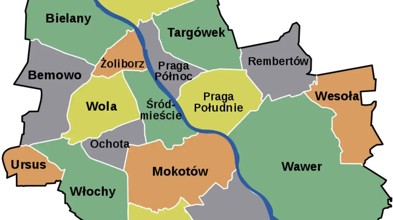 Mapa przedstawia podział na dzielnice Warszawy, w tym Wola, Mokotów, Praga Północ i Południe, Bemowo, Bielany, Żoliborz, Ochota, Ursus, Włochy, Targówek, Rembertów, Wesoła i Wawer.