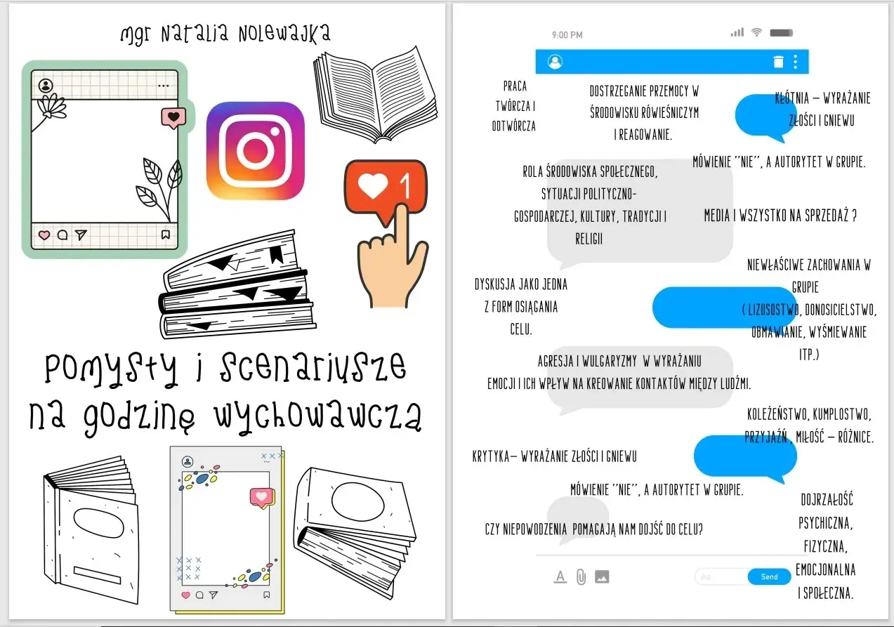 Grafika z elementami do lekcji wychowawczej klasa 7: ikony social mediów, książki, dymki z tekstem o relacjach i emocjach.