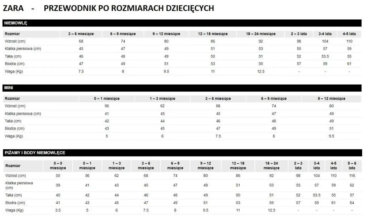 Tabela rozmiarówka Zara dla niemowląt i dzieci: wzrost, klatka, talia, biodra, waga.