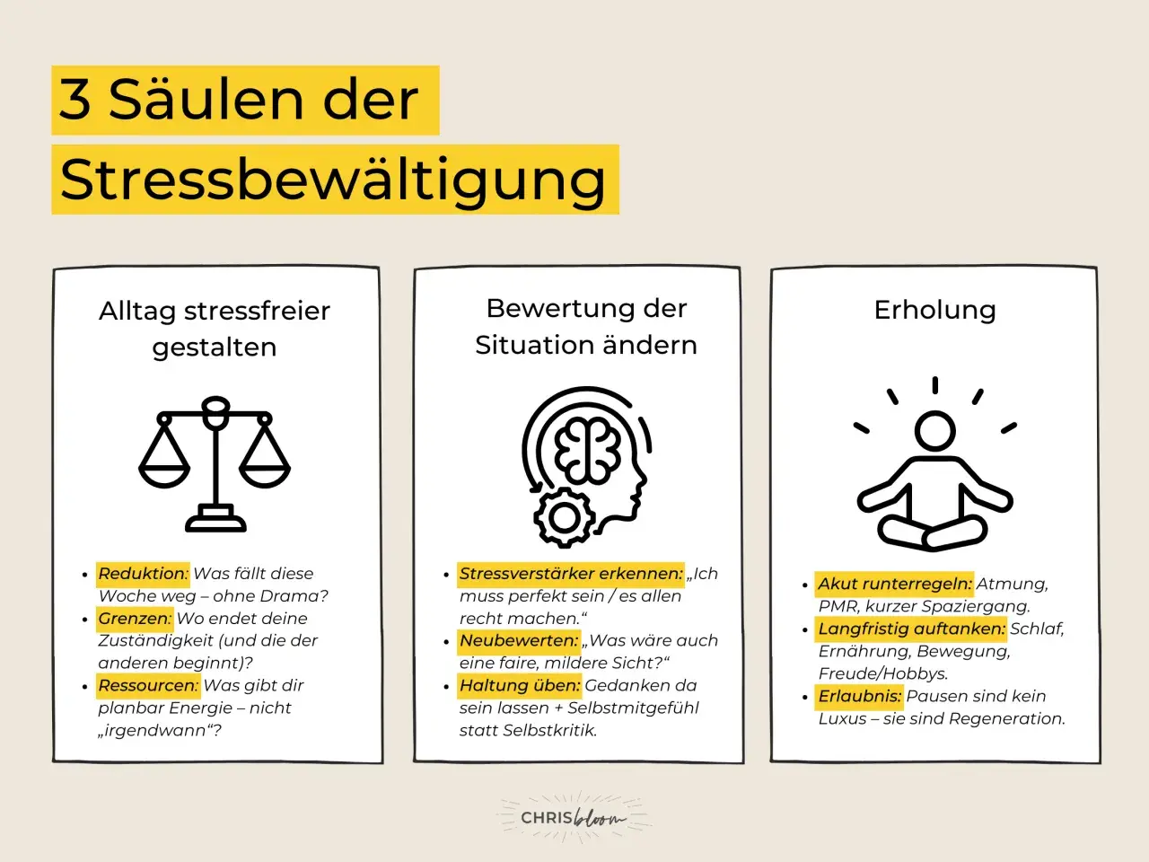 Drei Säulen der Stressbewältigung: Alltag gestalten, Situation bewerten, Erholung. Effektives coping durch Reduktion, Grenzen setzen & Ressourcen nutzen.