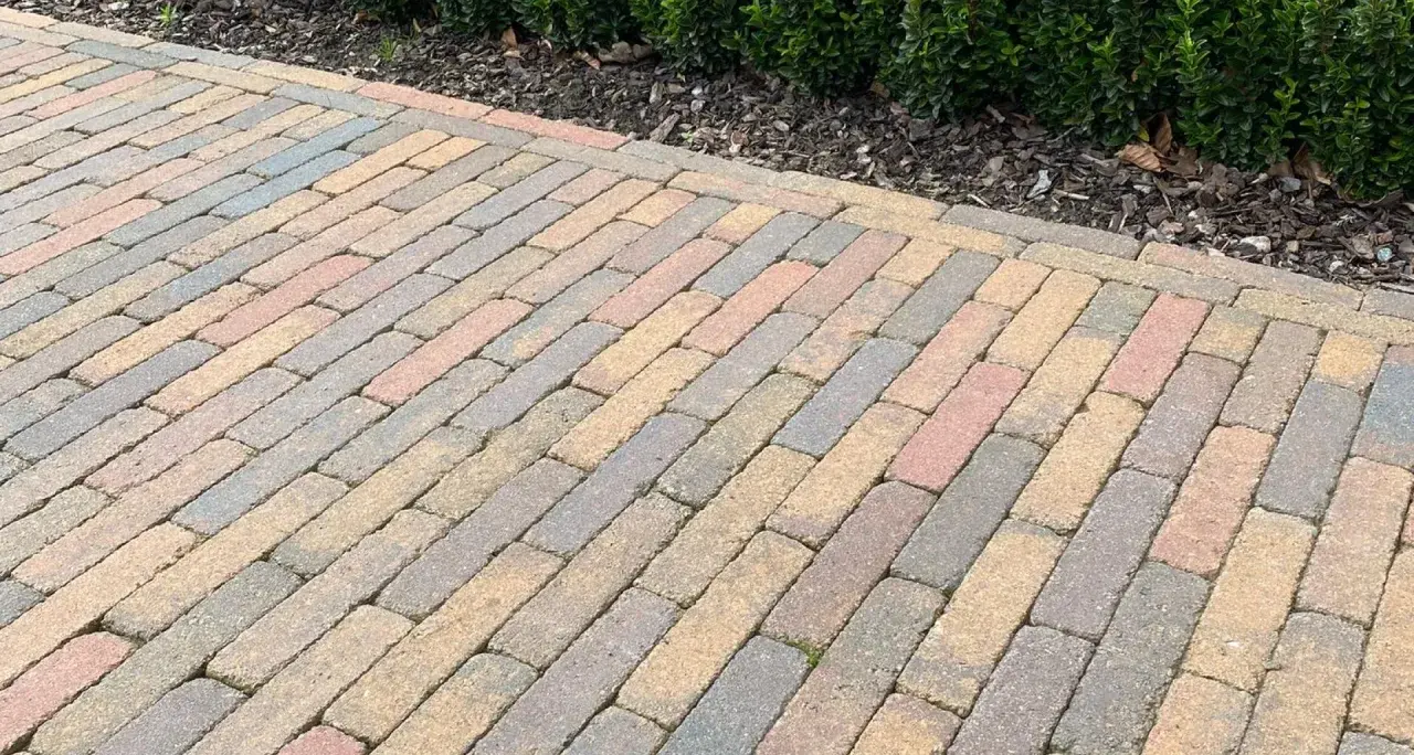Un chemin en pavés extérieurs aux teintes chaudes et grises, bordé par un buisson verdoyant.