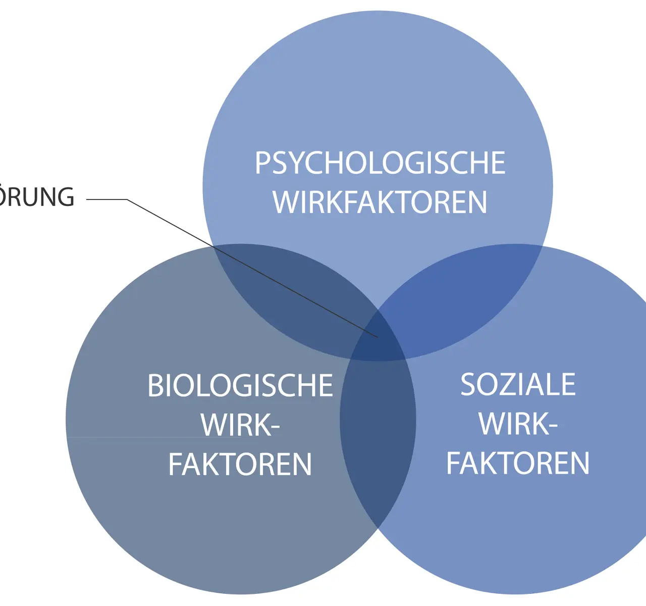 Venn-Diagramm zeigt, wie psychologische, biologische und soziale Faktoren zur Entstehung von Störungen beitragen. Ein Kernkonzept der Gesundheitspsychologie.