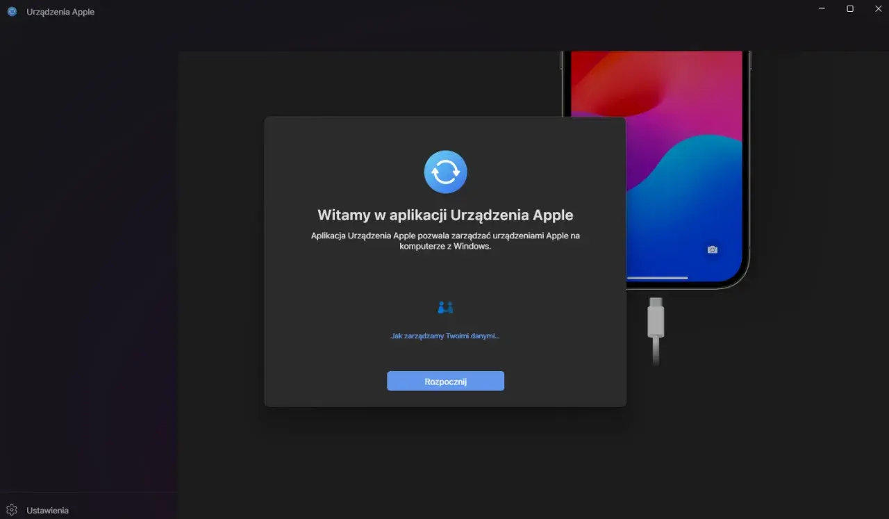 Aplikacja Urządzenia Apple na Windows, gotowa do zarządzania Twoim iPhonem i wykonania backupu.