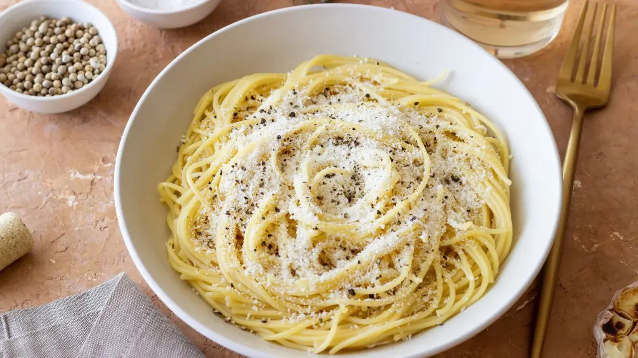 Miseczka spaghetti posypana parmezanem i pieprzem, obok przyprawy i czosnek.