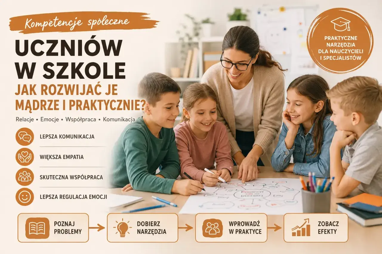Nauczycielka z uczniami rozwija kompetencje społeczne, ucząc lepszej komunikacji, empatii i współpracy.