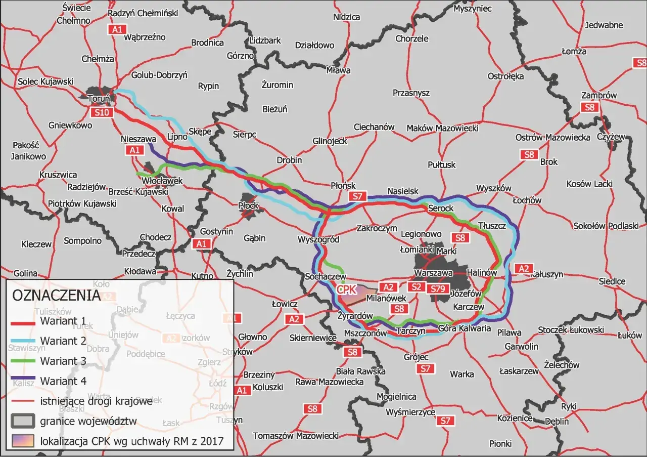 Mapa pokazuje warianty dróg z Warszawy do Szczecina. Odległość z Warszawy do Szczecina to ok. 400 km.