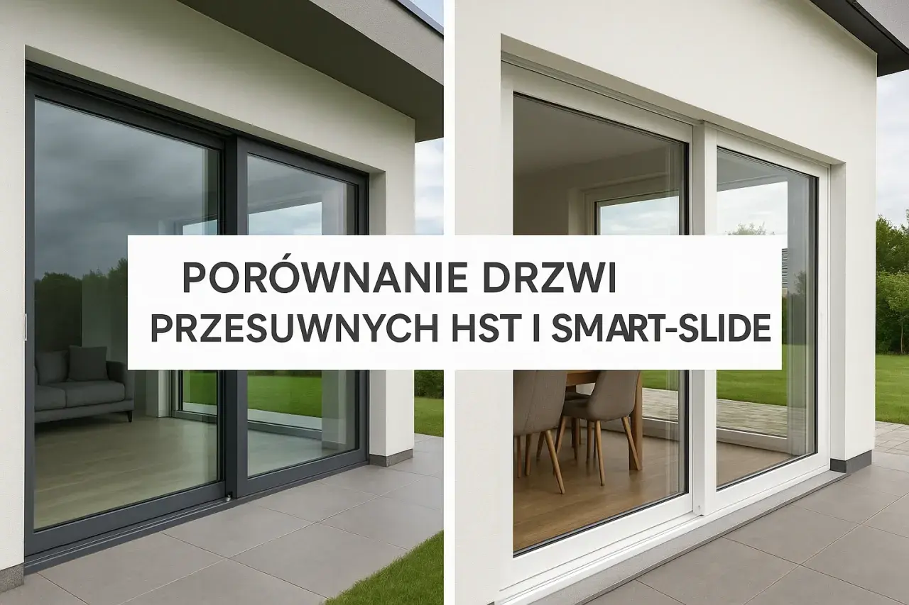 Porównanie drzwi przesuwnych HST i Smart-Slide. Dwa nowoczesne domy z dużymi przeszkleniami, ukazujące różne modele okien.