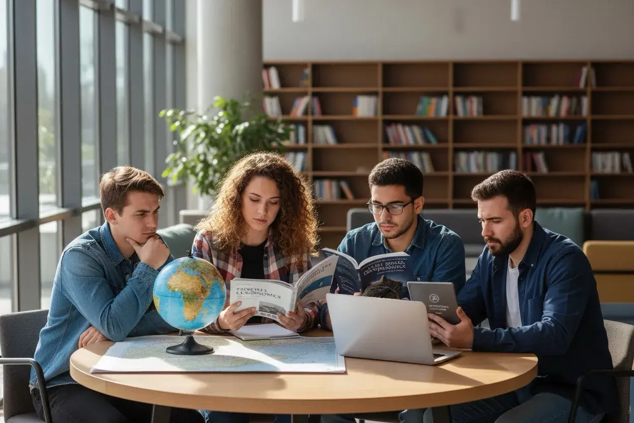 Studenci przy okrągłym stole z globusem i mapami. Zastanawiają się, jakie studia po maturze z geografii wybrać, analizując materiały.