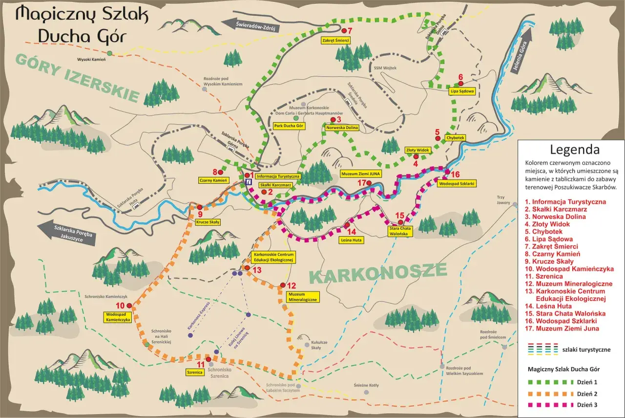Mapa turystyczna "Magiczny Szlak Ducha Gór" z zaznaczonym szlakiem walońskim, prowadzącym przez Góry Izerskie i Karkonosze.