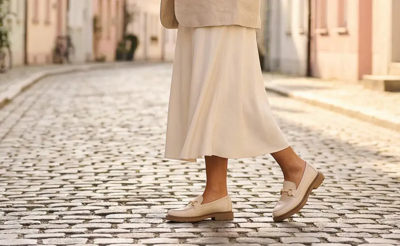 Eleganckie, beżowe mokasyny z ozdobnym złotym elementem to idealne modne buty na wiosnę.
