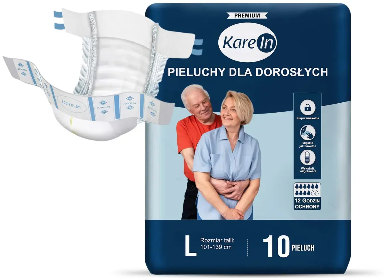 Pieluchy dla dorosłych Kare In, rozmiar L, 10 sztuk. Sprawdź, ile kosztuje paczka pieluch, by zapewnić komfort i ochronę.