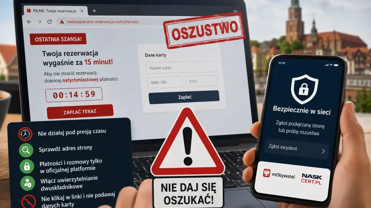 Oszustwo na rezerwację! Czy booking jest bezpieczny? Uważaj na fałszywe strony i nie podawaj danych karty. Zgłoś incydent na NASK CERT.PL.