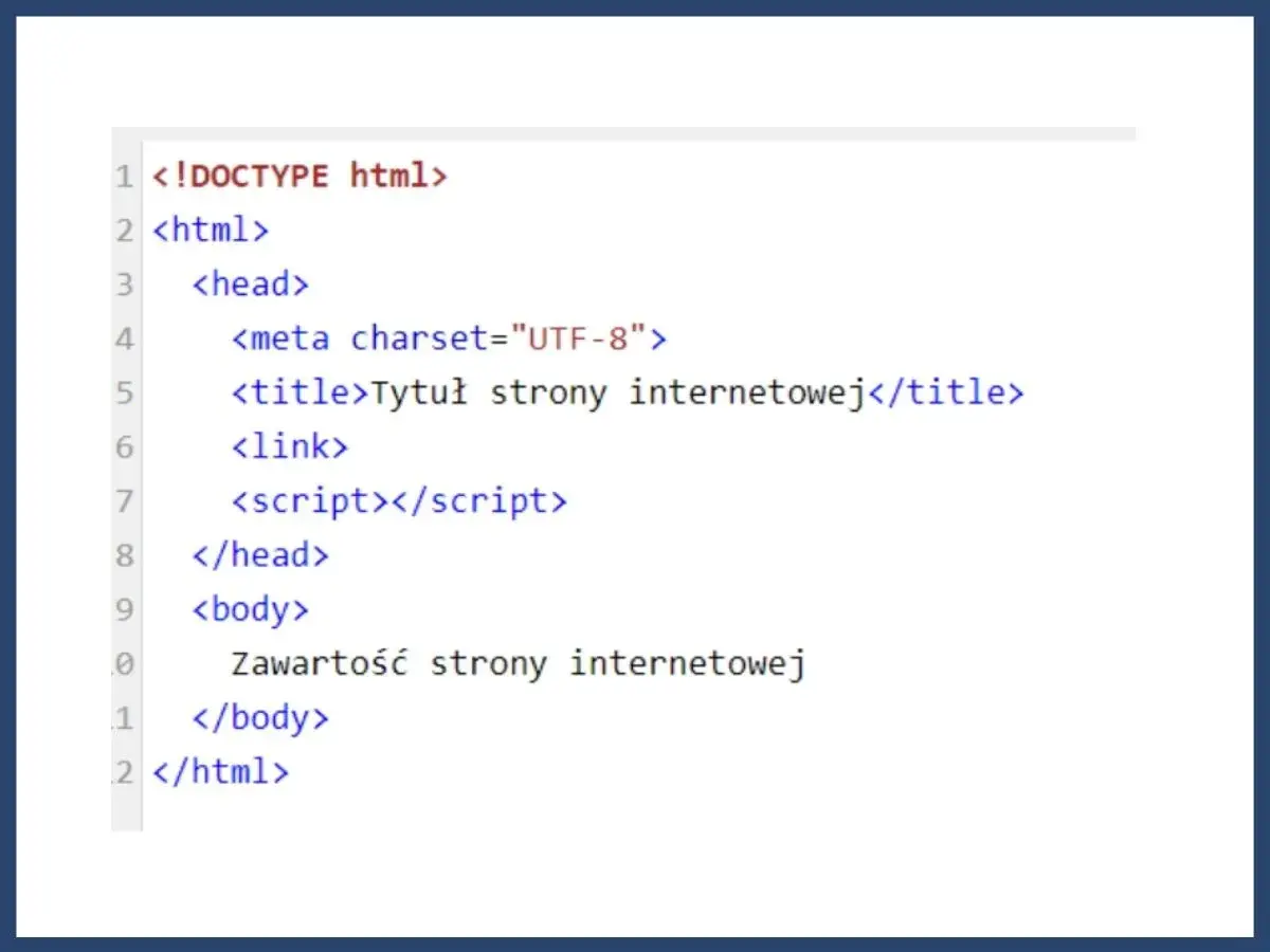 Kod źródłowy strony internetowej w języku **html**. Widoczny fragment zawiera podstawowe znaczniki: `<!DOCTYPE html>`, `<html>`, `<head>` z metadanymi i `<title>`, oraz `<body>` z przykładową zawartością.