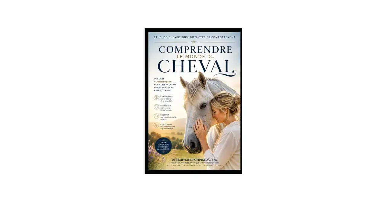 Livre "Comprendre le monde du cheval" par une éthologue. Une femme enlace un cheval blanc, illustrant l'éthologie et la relation homme-animal.