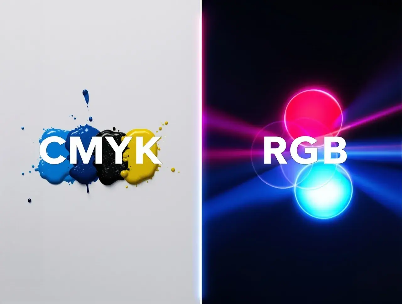 Kontrast między drukiem CMYK a światłem RGB. Plamy farby cyjan, magenta, żółtej i czarnej obok neonowych kół czerwonego, zielonego i niebieskiego.