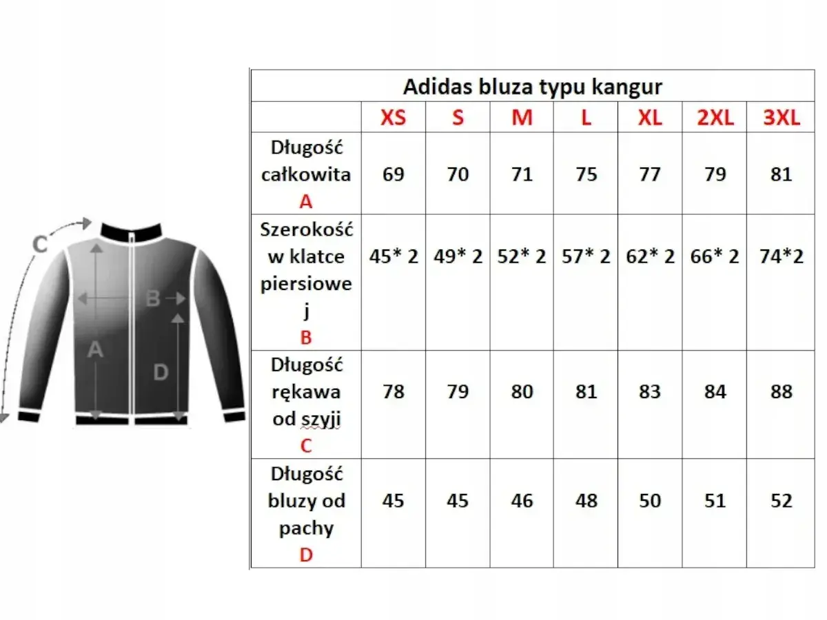 Tabela rozmiarów bluzy Adidas kangur. Rozmiar 56 męski odpowiada XL, gdzie szerokość w klatce to 62*2, a długość rękawa od szyi 83.