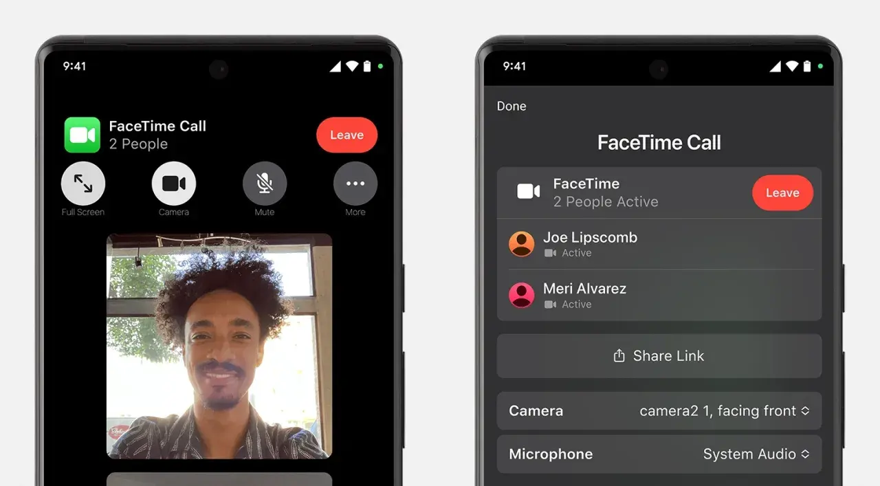 Dwa ekrany telefonu z rozmową FaceTime. Na lewym widać uśmiechniętego mężczyznę, na prawym listę uczestników.