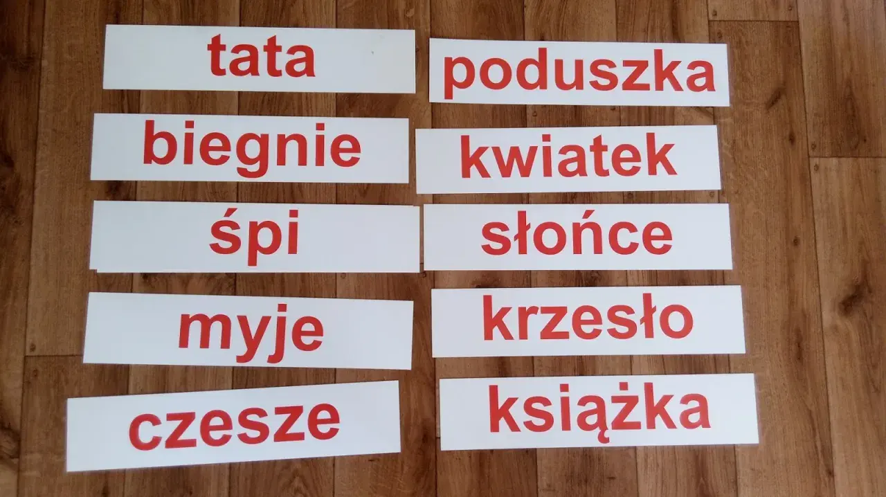 Karty do druku z wyrazami do nauki czytania globalnego: tata, biegnie, śpi, myje, czesze, poduszka, kwiatek, słońce, krzesło, książka.