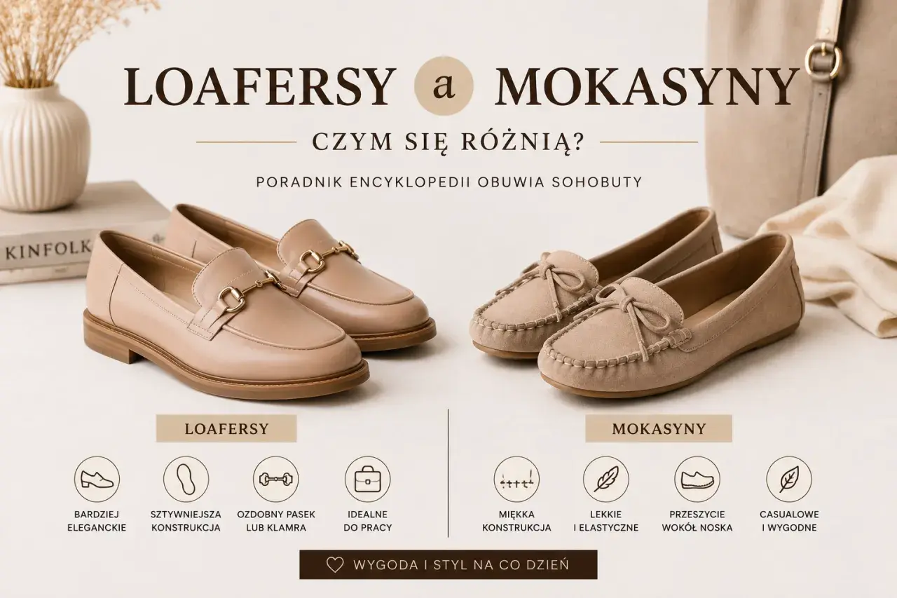 Porównanie rodzajów butów damskich: eleganckie loafersy z klamrą i wygodne mokasyny z kokardką.