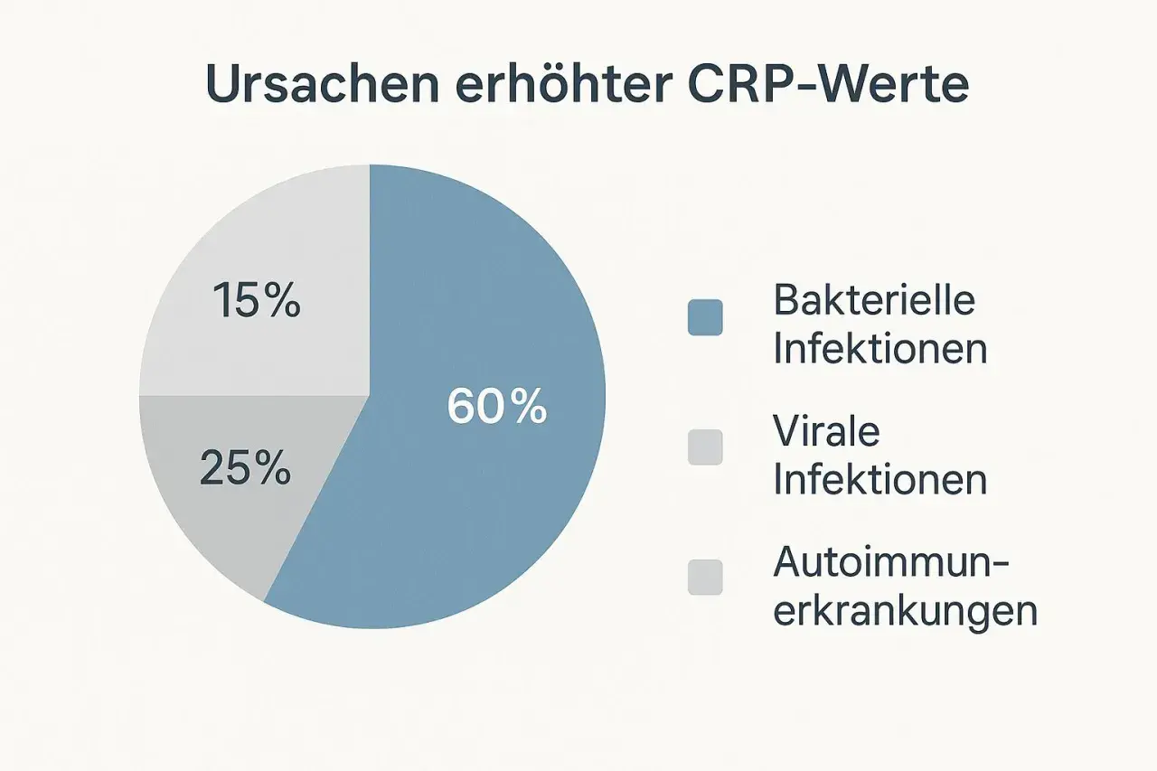 Wykres kołowy pokazuje przyczyny podwyższonego CRP: 60% infekcje bakteryjne, 25% wirusowe, 15% choroby autoimmunologiczne. CRP co to?