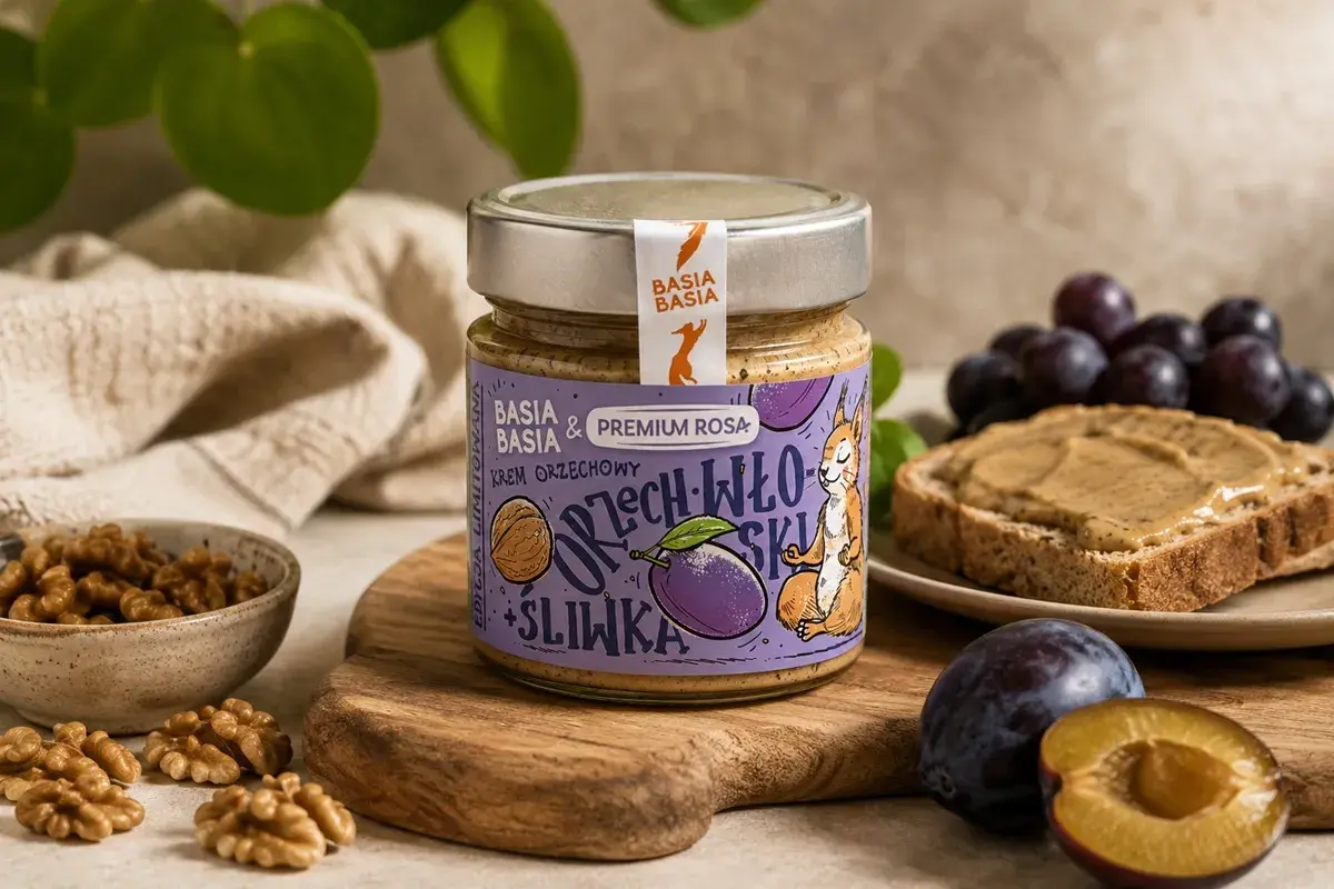 Krem orzechowo-śliwkowy na śniadanie, idealny dla osób na dieta fodmap. Na zdjęciu słoik z kremem, orzechy włoskie, śliwki i tost.