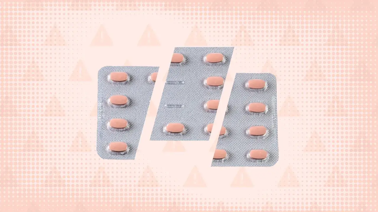 Blister opakowań tabletek, każda zawiera ketrel 25 mg. Tło z ostrzegawczymi trójkątami.
