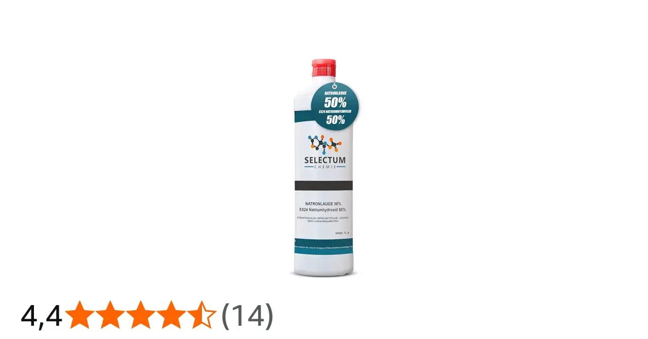 Flasche mit 1 Liter Natronlauge 50% von Selectum Chemie, geeignet für Lebensmittelqualität E524.
