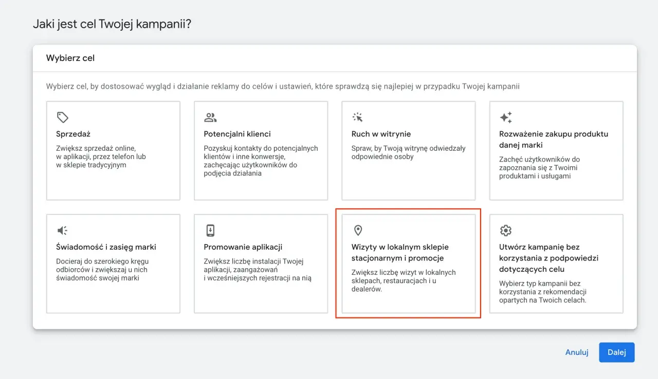 Wybór celu kampanii lokalnej Google Ads: wizyty w sklepie stacjonarnym i promocje.