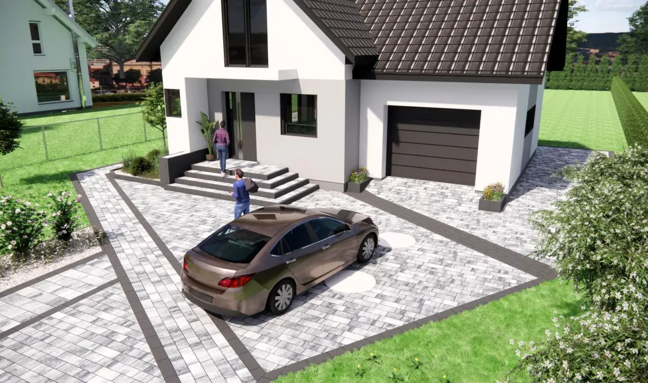 Nowoczesny projekt kostki brukowej wokół domu z podjazdem dla samochodu i schodami.