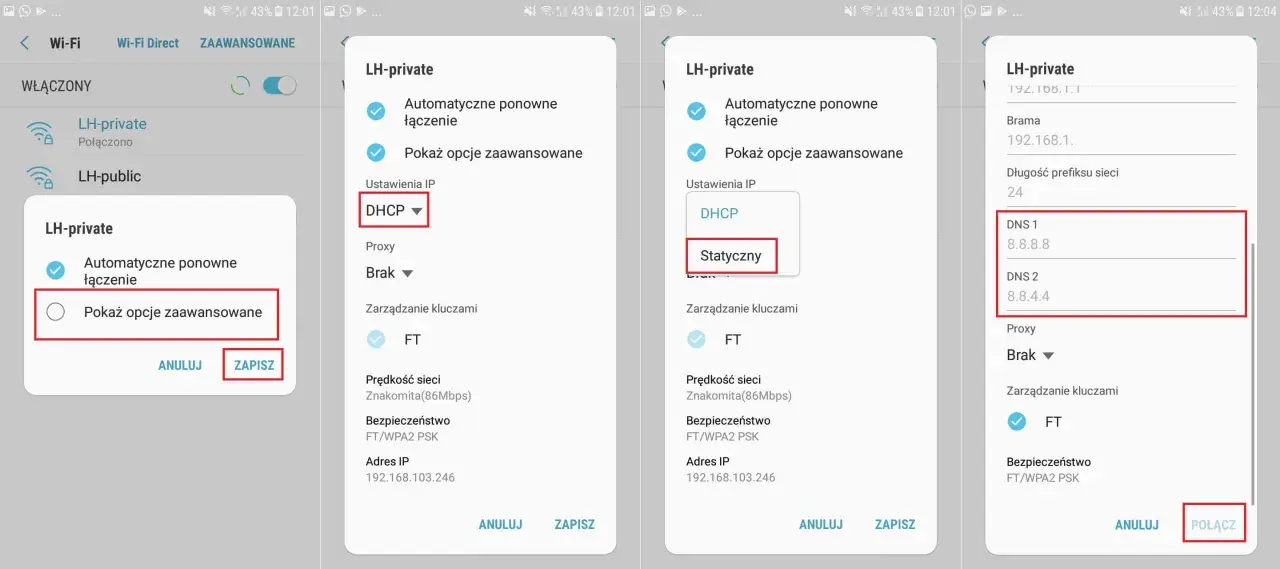 Jak zmienić DNS: wybierz "Statyczny", aby edytować adresy serwerów DNS. Zobaczysz pola na wpisanie nowych wartości.