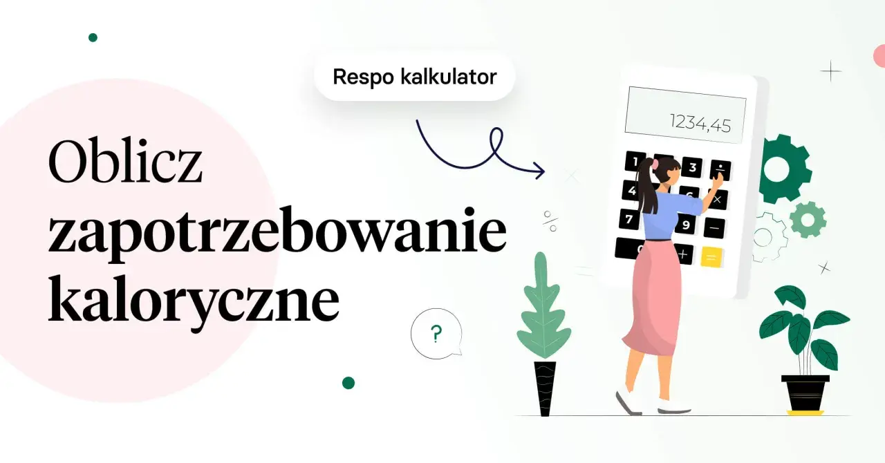 Jak obliczyć zapotrzebowanie kaloryczne? Kobieta z kalkulatorem i ikonami sugeruje łatwe rozwiązanie.