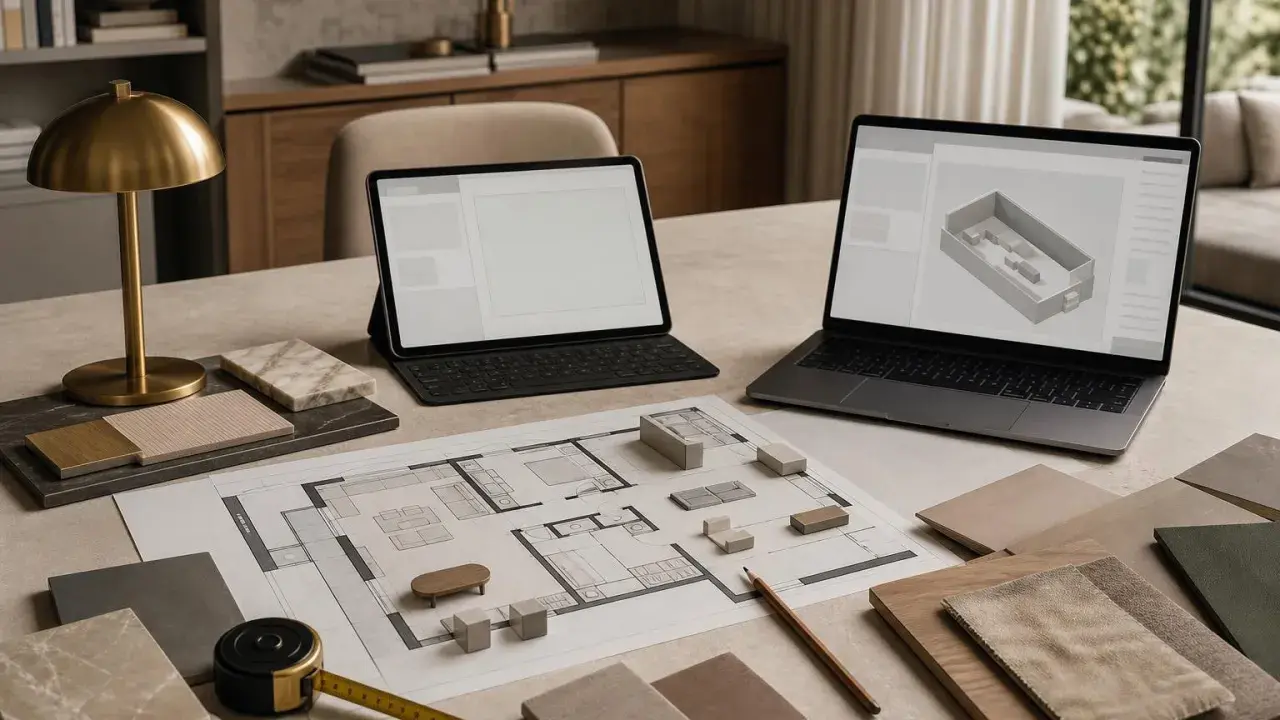 Na stole leży plan mieszkania, próbki materiałów i dwa laptopy z otwartą aplikacją do projektowania wnętrz.
