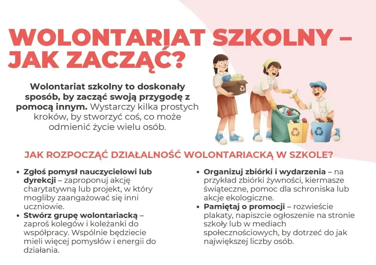 Dzieci angażują się w wolontariat szkolny, zbierając rzeczy do recyklingu i żywność. Podstawa prawna wolontariatu w szkole jest kluczowa dla takich inicjatyw.