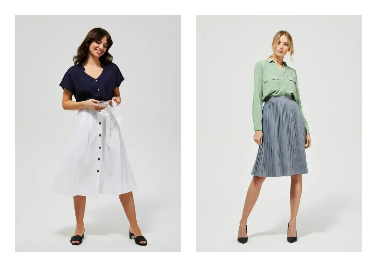 Dwie kobiety prezentują eleganckie stylizacje. Jedna w granatowej bluzce i białej spódnicy, druga w zielonej koszuli i niebieskiej spódnicy. To inspiracja, jak stworzyć odpowiedni dress code.