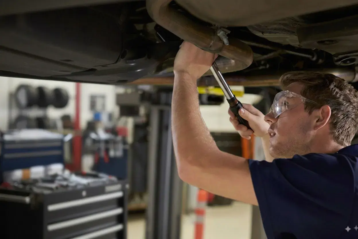 Mechanik naprawia układ wydechowy Renault, być może z powodu błędu DTC P0420.