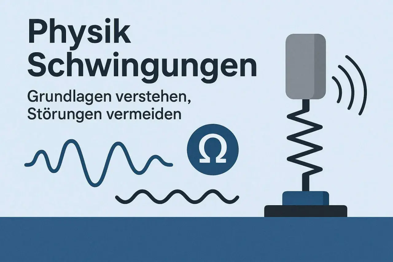 Physik: Schwingungen verstehen. Ein System mit Federkonstante schwingt, Wellenlinien und Omega-Symbol illustrieren das Thema.