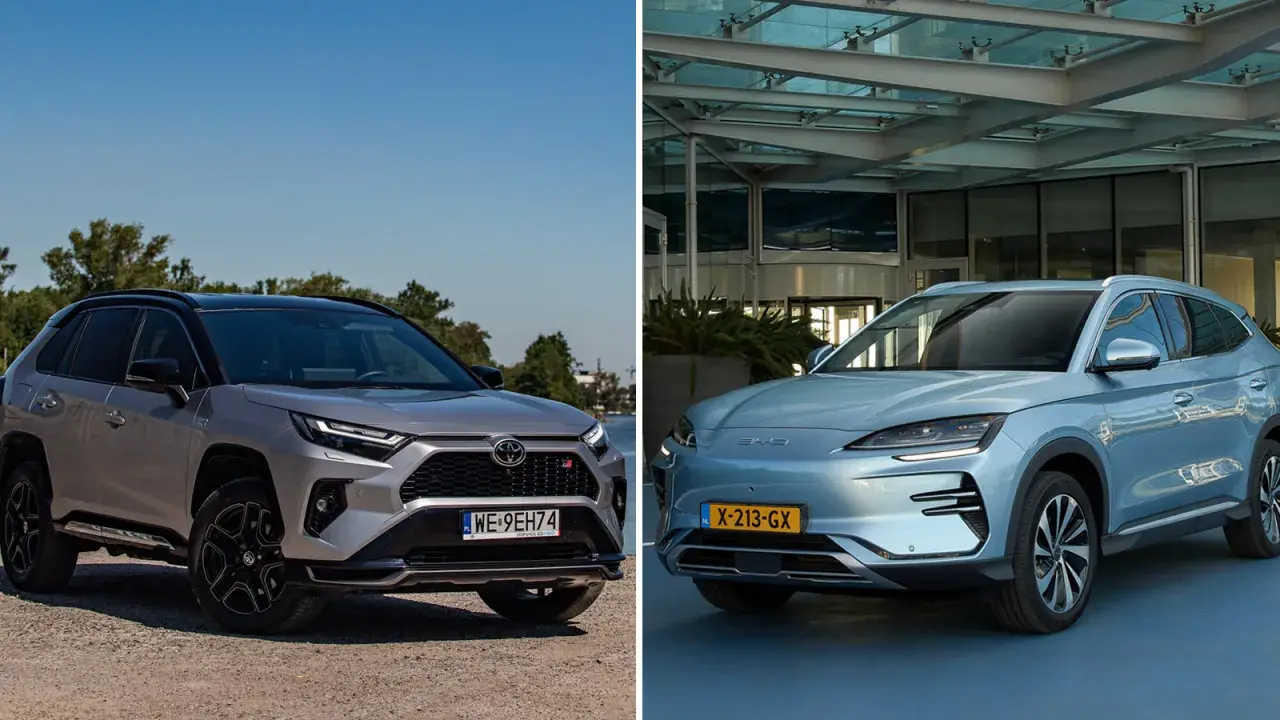 Dwa SUV-y: srebrny Toyota RAV4 i niebieski BYD Seal U.