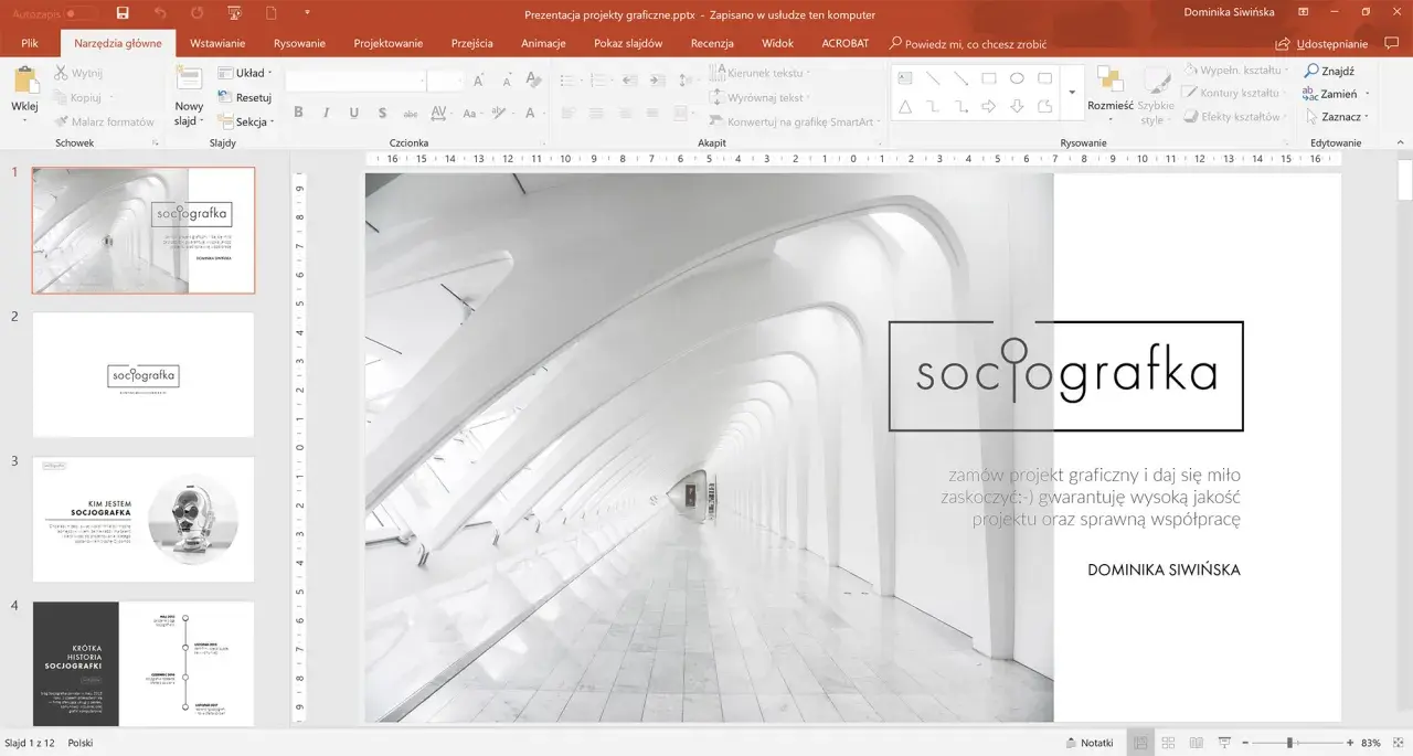 Program do prezentacji z widokiem slajdów. Na pierwszym slajdzie logo "sociografka" i hasło.