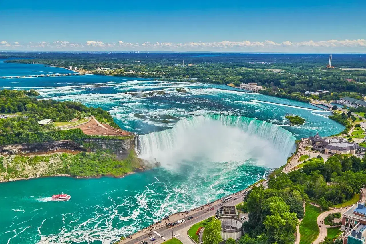Potężne wodospady Niagara w pełnej krasie, gdzie jest niagara, z turkusową wodą i zielonymi brzegami.